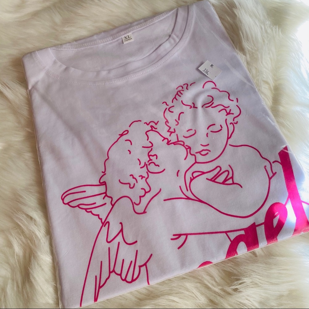Angel Tee in White with Pink Lettering